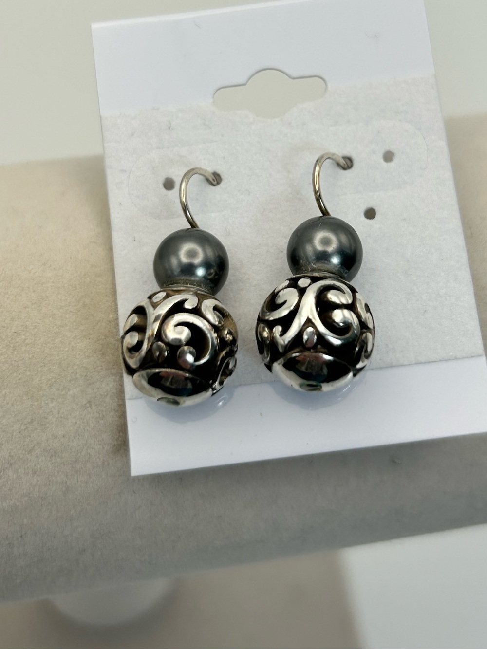 Brighton Contempo Gray Pearl Ball Earrings Silver Plated Dangle Drop 1"